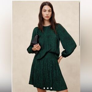 Banana Republic Dark Green Long-Sleeve Shirt and Matching Pleated Skirt